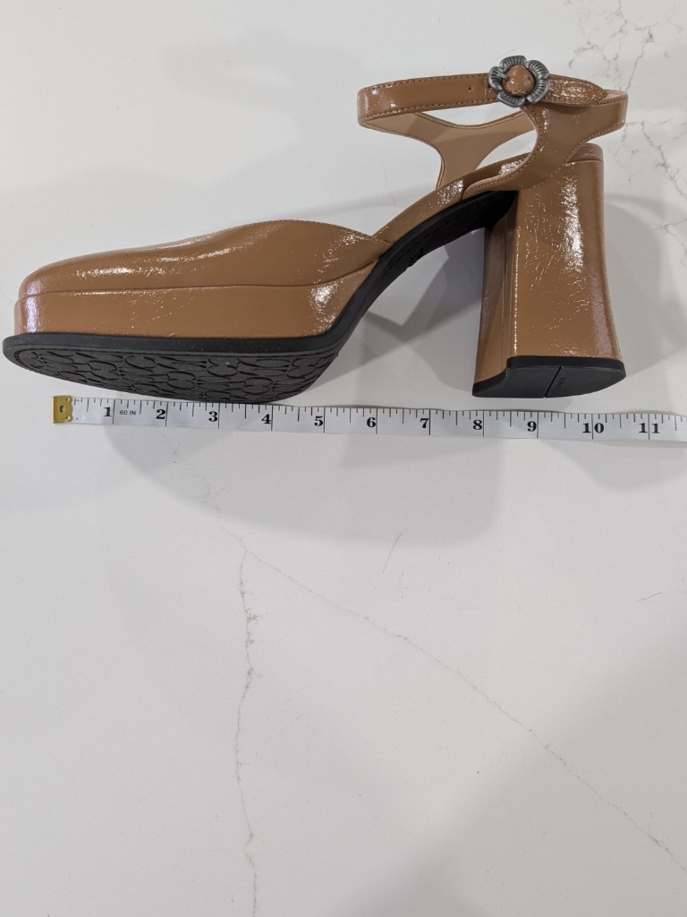 COACH Tea Rose Platform Pumps Size 10 Brown Glazed Leather Flower Buckle NWOB - Picture 9 of 14